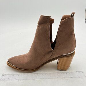 YDN Brown Low Heel Ankle Boots Faux Suede Cowboy Booties Cutout Metal Toe Shoes